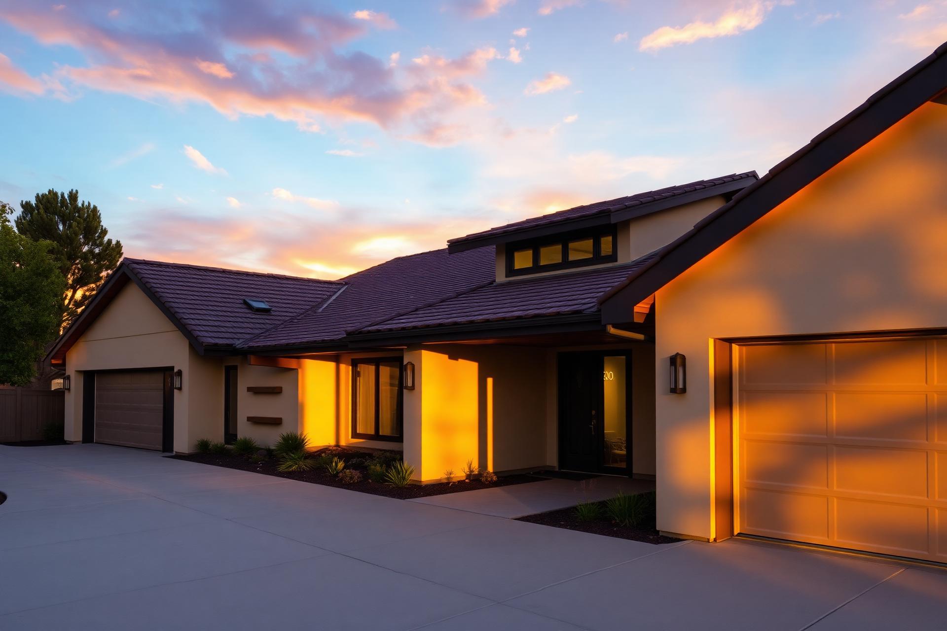 Luxury Central California home at golden hour with premium roofing
